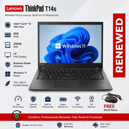 Lenovo Renewed ThinkPad T14s Laptop Intel Core i5 10th Gen 8GB RAM 256GB SSD 14" FHD Win…