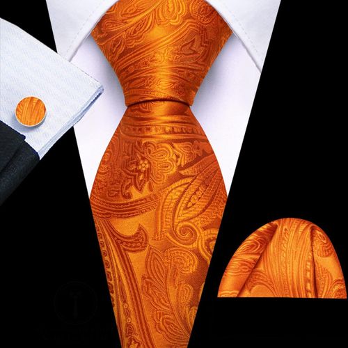 Paisley orange necktie with cufflinks and pocket square
