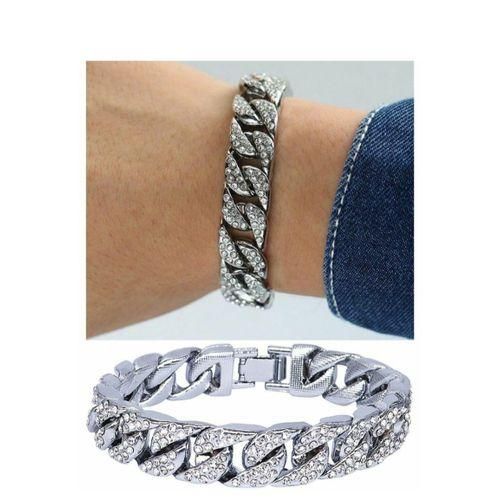 Cuban Link Bracelet For Men Iced Out Hip Hop Hand Chain 20cm - Silver